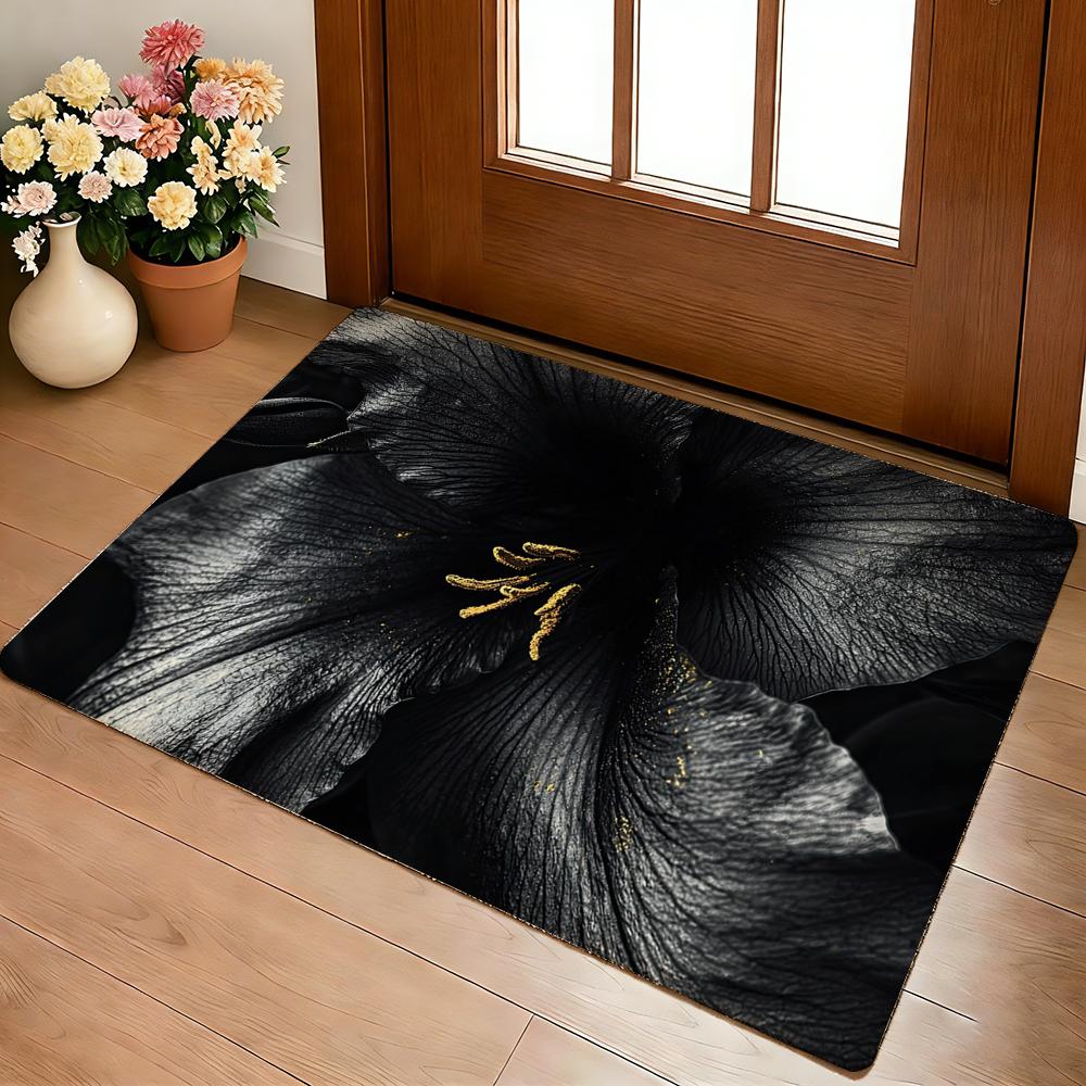 Advanced Black Flower Floor Mat Cozy Flannel Soft Thick Non-Slip Mat For Living Room Bedroom Kitchen Decor Rugs