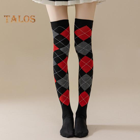 1 Pair Winter Socks Rhombus Printing Over-the-knee Socks Warm Extra Loose Ankles Contrasting Color Stockings for Daily Wear Dancing