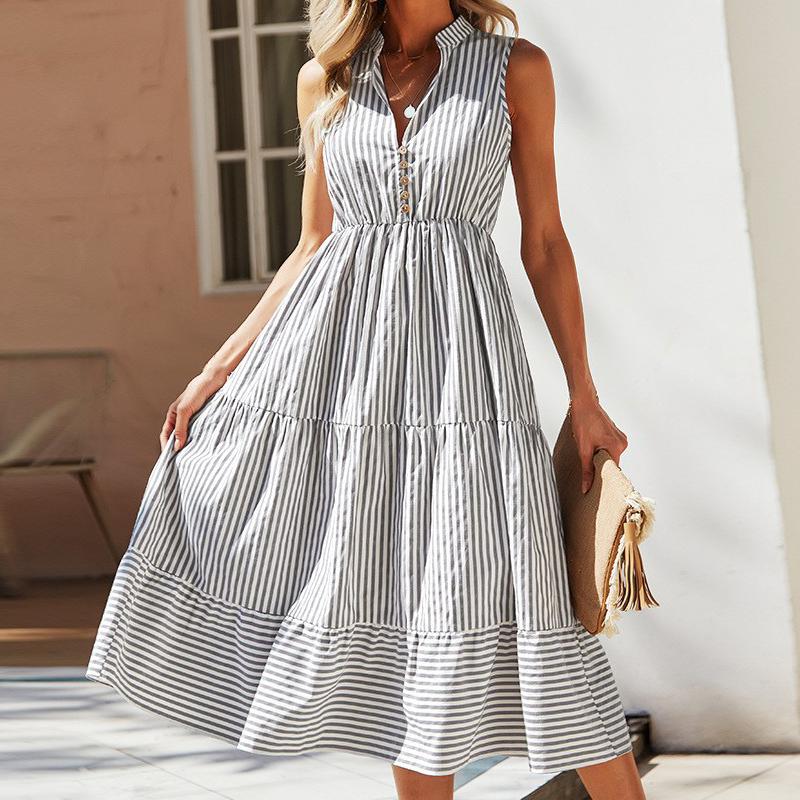 Women Striped Sleeveless Midi Dress Casual Loose Solid Ruffles Boho Summer Shirt Dress S