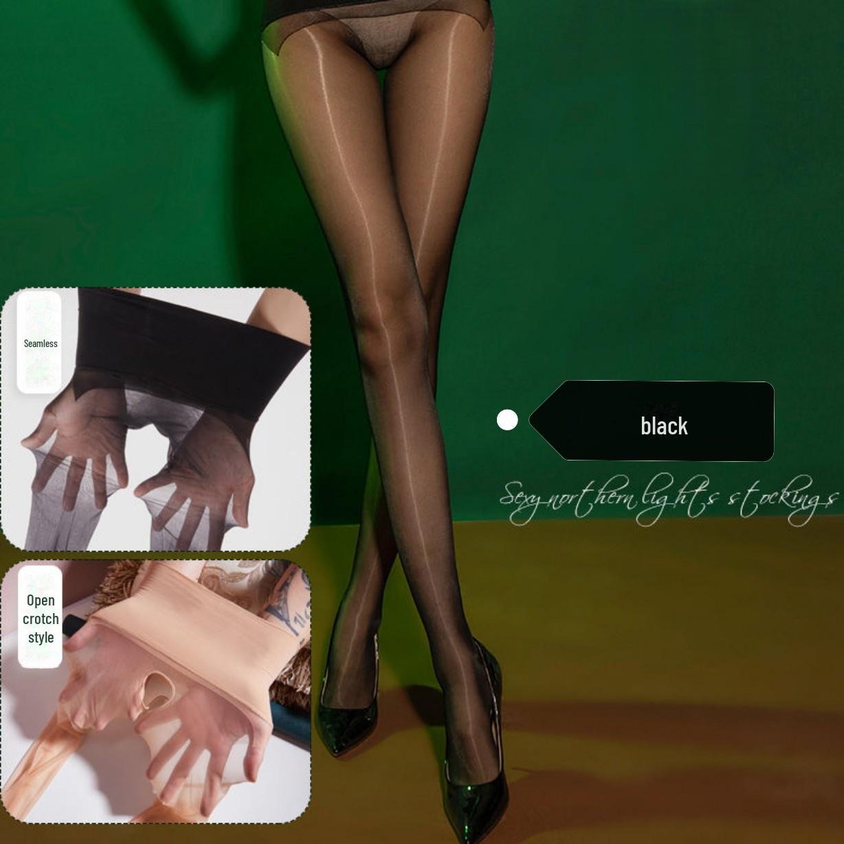 

360° безшовні панчохи з відкритою промежиною Aurora: Повністю прозорий, сексуальний, спокусливий, шовковистий і блискучий для жінок. One Size чорний