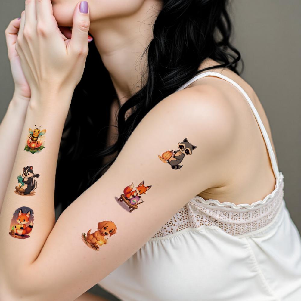 54pcs Kawaii Temporary Tattoo Kids Night Lantern Bear Tiger Fake Tattoo Stickers Cute Animal Body Art Arm Tattoo Stickers