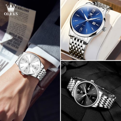 OLEVS Men's Waterproof Analog Quartz Watch with Silver Stainless Steel Band, Pressure Resistant, Easy to Read, Casual
