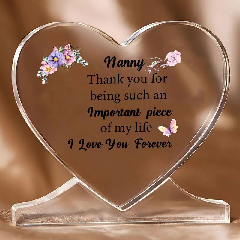 Heart-Shaped Acrylic Plaque with Floral Design - Thank You Gift for Nanny, Mother, Grandma - Mother s Day, Birthday, Christmas Keepsake 10.9*10.4cm