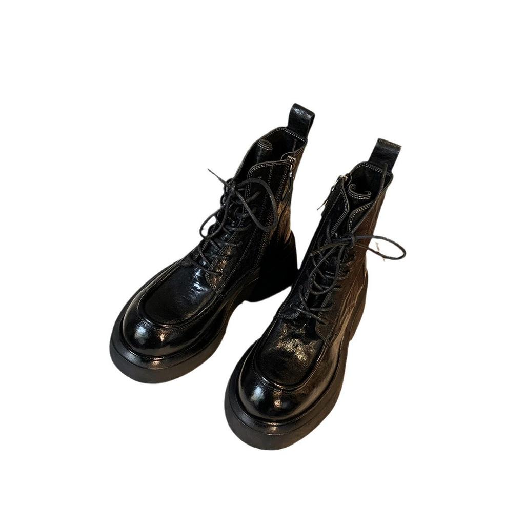 Cowhide Version~ Grape Mother Shrink-grain Horse Leather Boots Heightened Thick Heel Thick Sole Lace-up Side Zipper Martin Boots Women's Short Boots