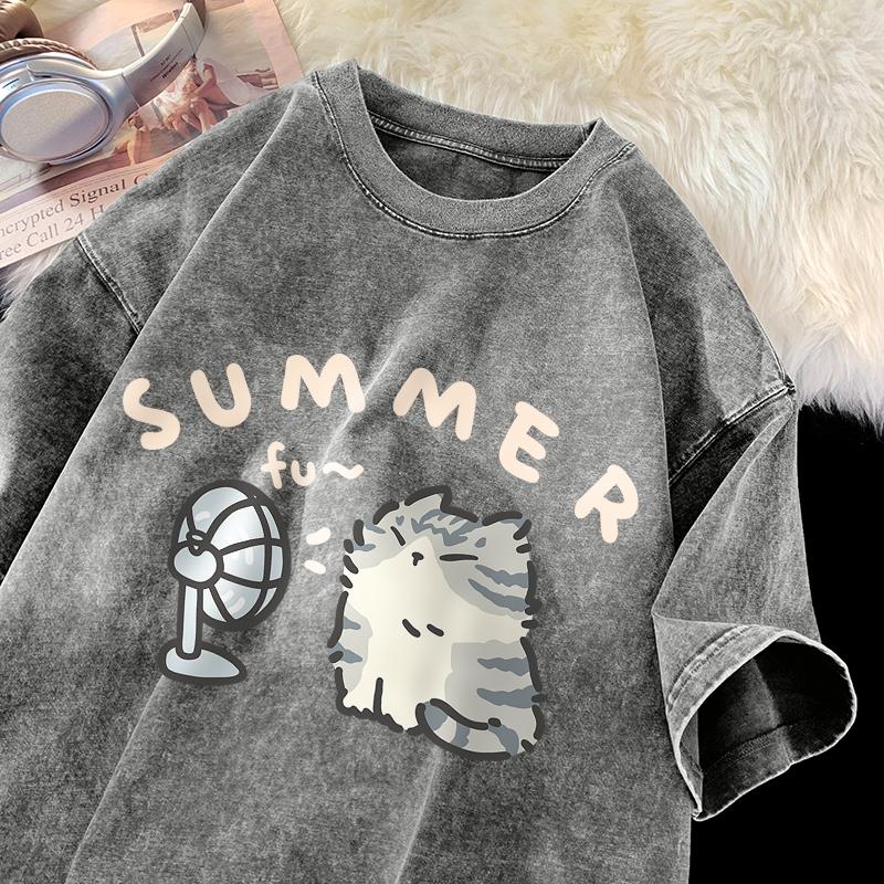 American Street Creative Blow Fan Cat Pure Cotton T-shirt Men Women Summer Relaxed Short Sleeve Couple Vintage Water Washing Top