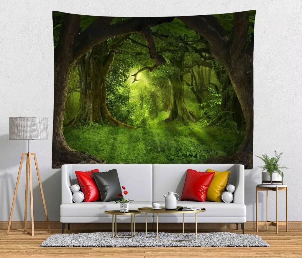 Grüner Wald Wandteppich Kulisse Kleiner Wasserfall Wandteppich Naturlandschaft Fluss Bach Wandbehang Waldlandschaft Wandteppich