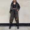 Personalized Trendy and Cool Printing Splicing Denim Fashion Suit Women's Autumn Old Loose Long-sleeved Jacket Harlan Pants Two-piece Set