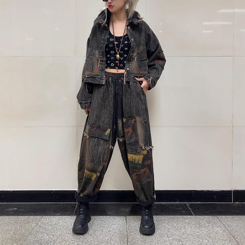 Personalized Trendy and Cool Printing Splicing Denim Fashion Suit Women's Autumn Old Loose Long-sleeved Jacket Harlan Pants Two-piece Set