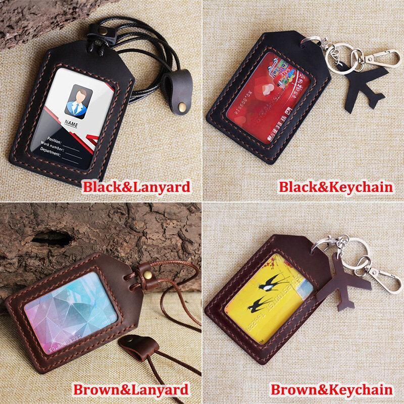 NEW Soft Leather Cowhide ID Badge Holder Name Tag Case with Neck Strap Chest Card Work Pass Meal Card Bus Card Holders Keychain School Office Supplies