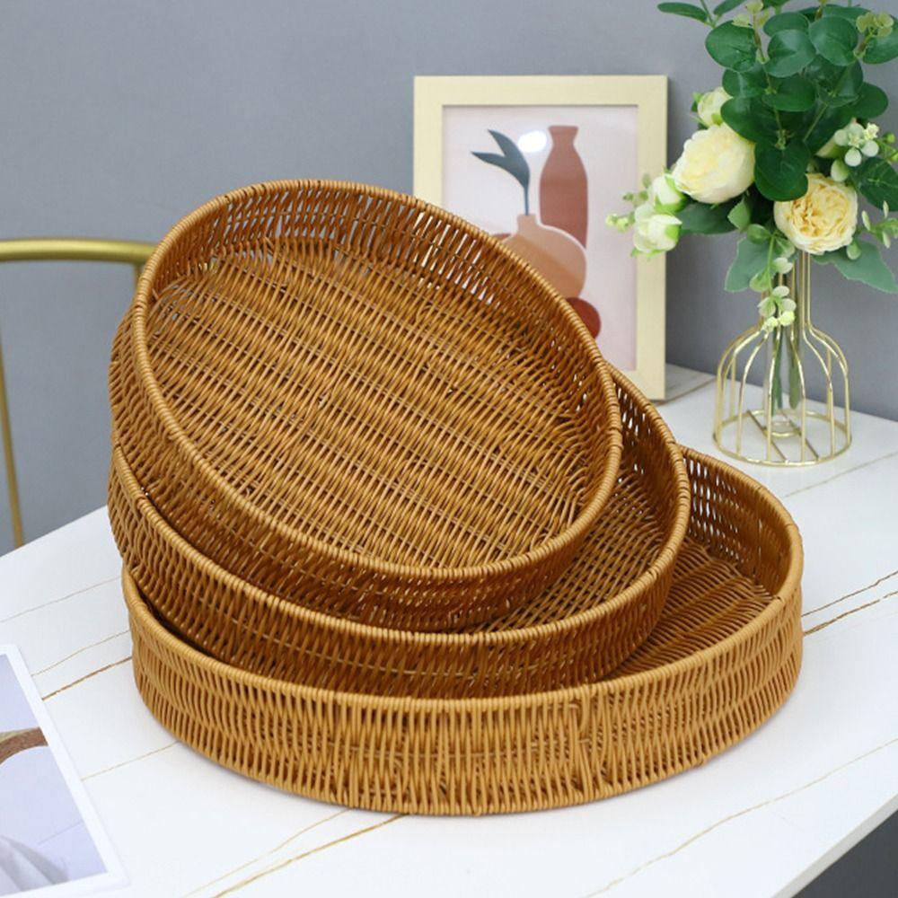 1Pcs Round Rectangular Shape Storage Tray Breakfast Bread Food Plastic Rattan Threads Basket