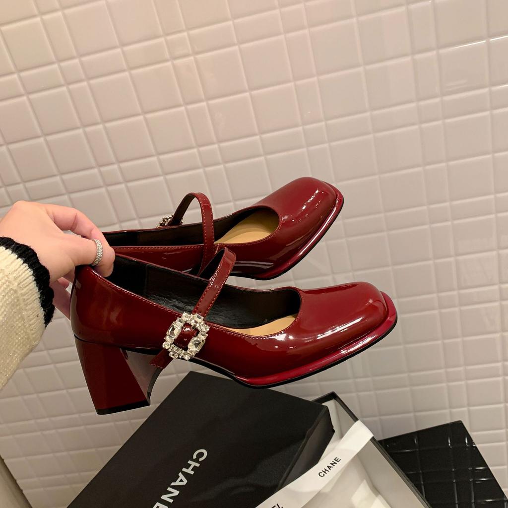 Spring 2025 French patent leather square head thick heel high heels women's one-button Mary Jane shoes Korean version of all-match single shoes