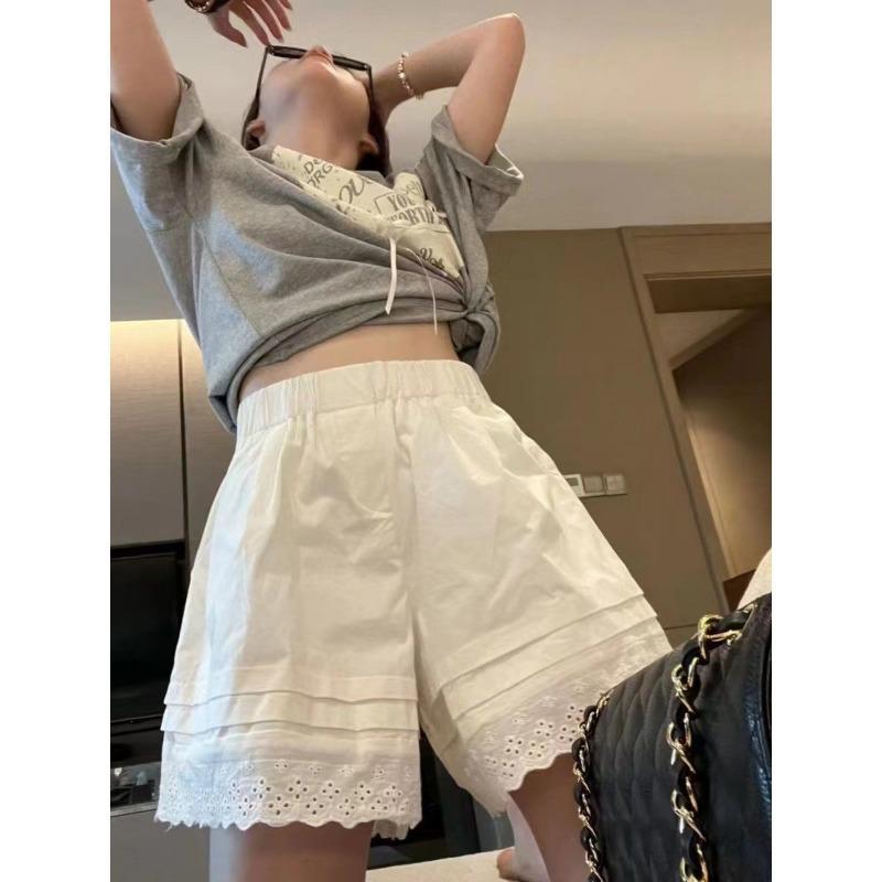 White Lace Trim Elastic Waist Casual Short Skirt Daily Fashion Wear For Women