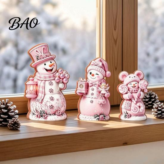 Christmas Gift for Kids 3PCS Snowman Wooden Ornaments, Decorative Cute Festive Figures, Pink And Purple Decor High-definition Printing Crafts Holiday