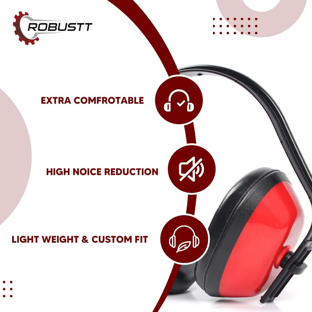 Robustt Earmuffs for Noise Reduction (pack of 1, Red and Black) Rating 21 Decibel 3 Position Adjustable Earmuffs with Soft Foam Filled Cusion