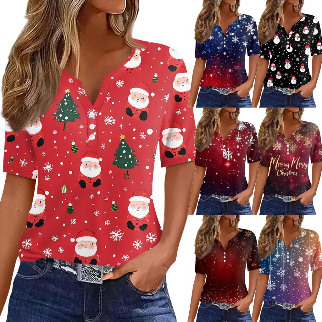 Women's T Shirt Christmas Print Button Short Sleeve Daily Weekend Fashion Basic V- Neck Regular Top
