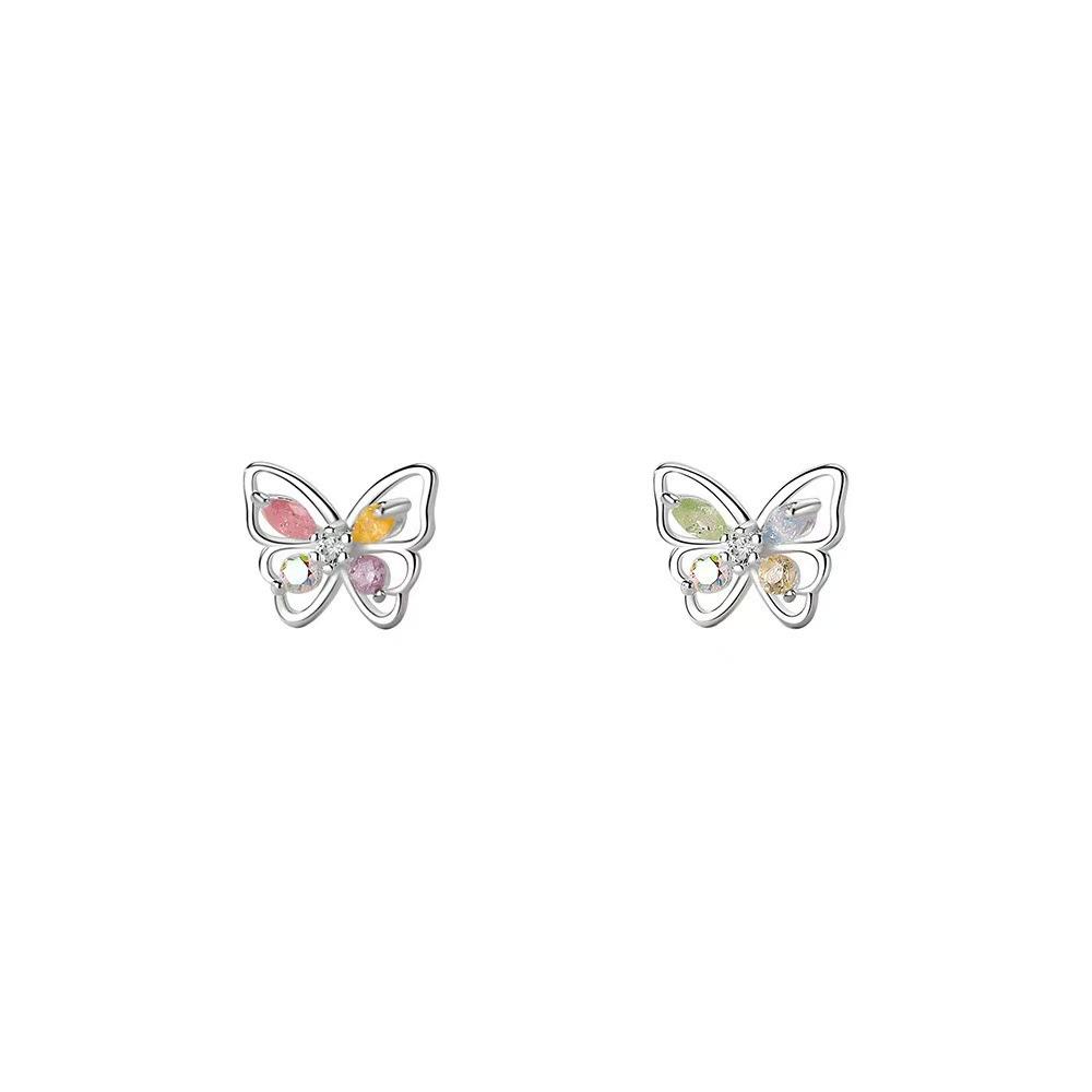 New Fashion Creative Colorful Diamond Butterfly 925 Sterling Silver Jewelry Sweet Girly Asymmetric Earrings TYB626