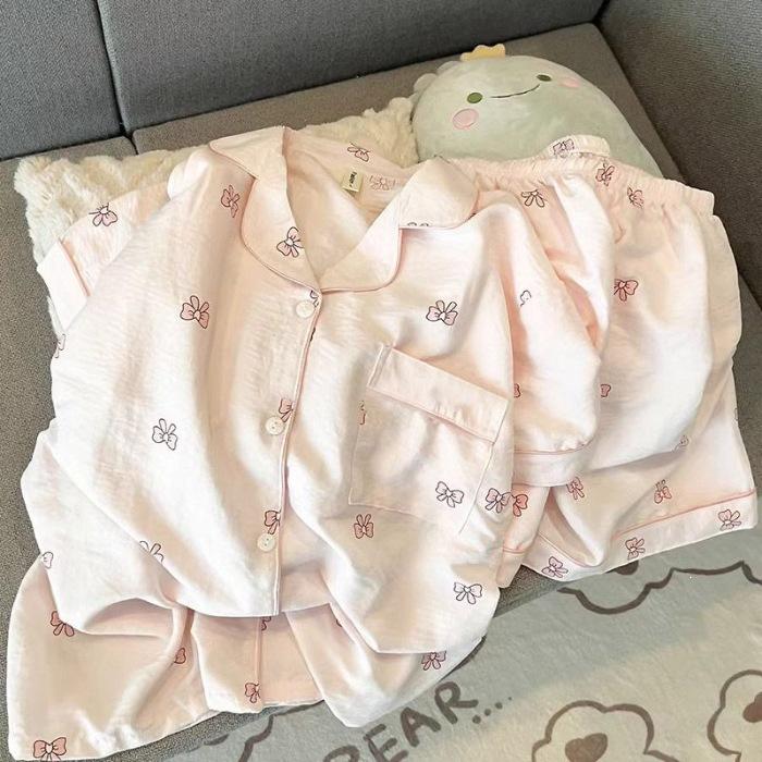 Polka Dot KT Cloud Cotton Pajamas Women's Three-piece Summer Short-sleeved Shorts Trousers Cardigan Student Large-size Loungewear