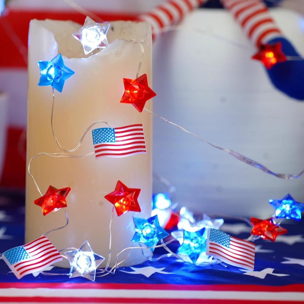30 LED Patriotic String Lights Red White Blue Star Flag Fairy Lights Battery Operated 8 Modes Remote Timer for 4th July Memorial Day Decor