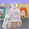Checkered Pattern Sweet Lace Design Student Backpack With Plush Pendant Decor