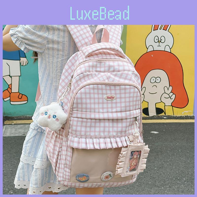 Checkered Pattern Sweet Lace Design Student Backpack With Plush Pendant Decor