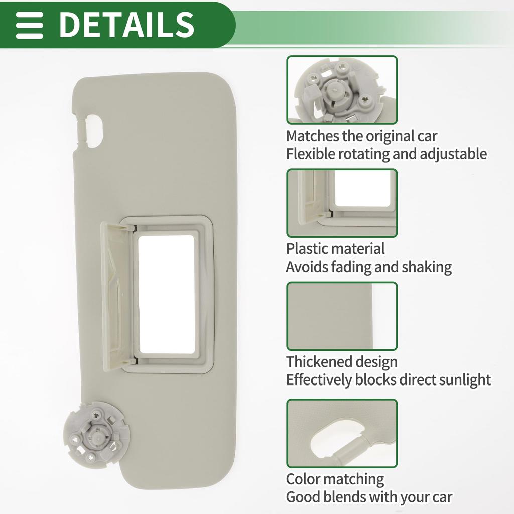 Motoforti Left Driver Side Car Sun Visor Assembly with Mirror, Plastic, Gray, for Chevrolet Cruze 2011-2016, Part Number 95034253