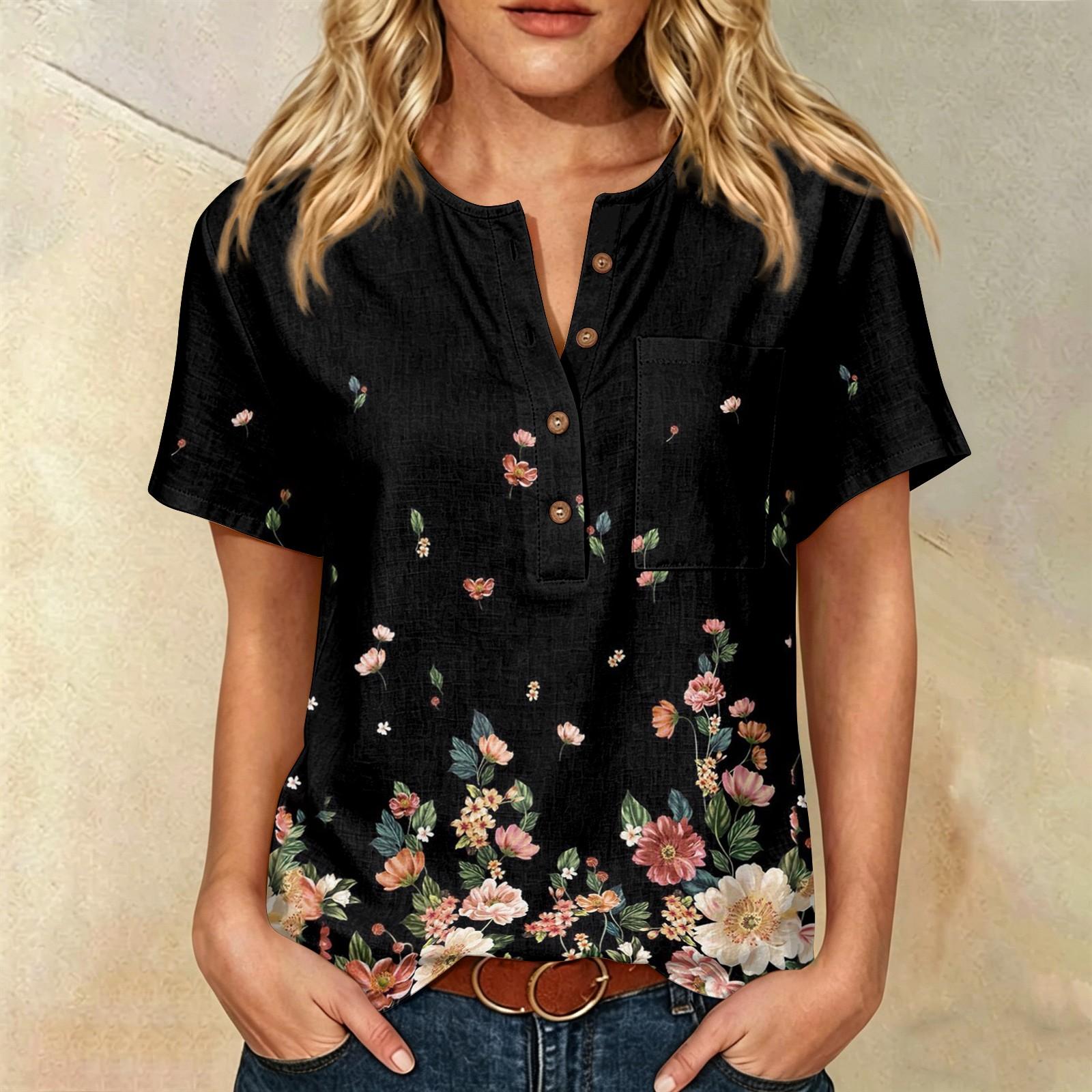 

Women’s Fashion Printed Henley Neck Button Front Short Sleeve Cotton Linen Shirt with Chest Pocket and Relaxed Fit Design XL чёрный