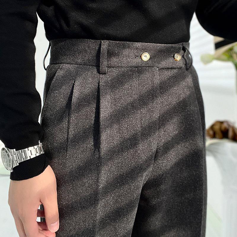 Men's Slim Straight High Waist Wool Trousers - Anti-Wrinkle Business Casual for Autumn and Winter