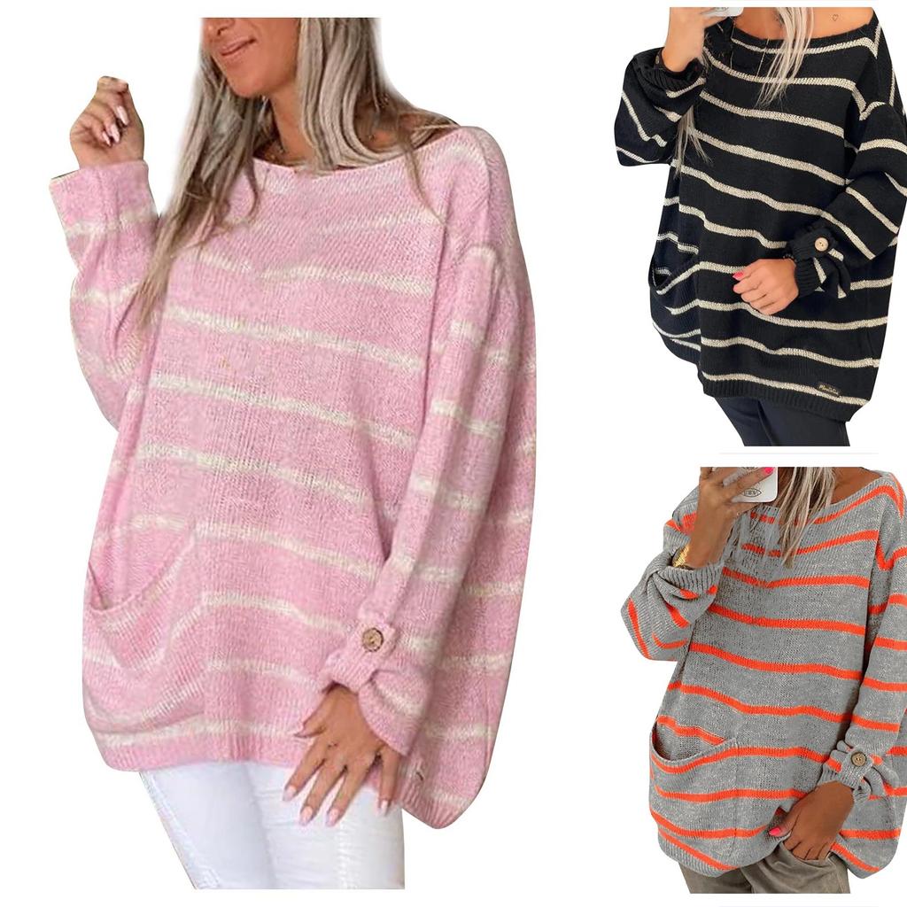Women's Solid Color Contrast Striped Pullover Round Neck Loose Sweater Sweater