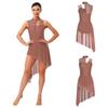 Women Lyrical Dance Leotard Dress Floral Lace Rhinestones Irregular Hem Openable Crotch One Piece Asymmetrical for Ballet Waltz Latin