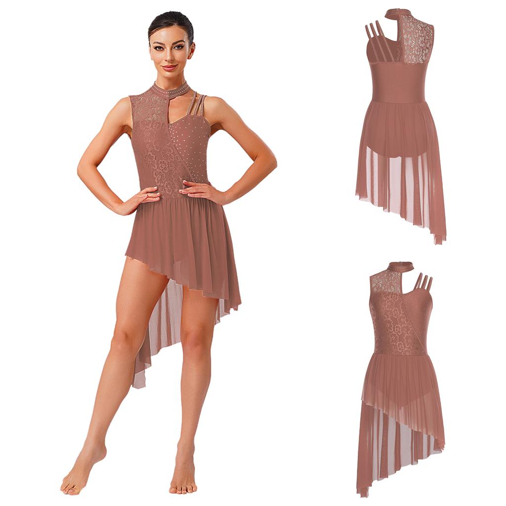 Women Lyrical Dance Leotard Dress Floral Lace Rhinestones Irregular Hem Openable Crotch One Piece Asymmetrical for Ballet Waltz Latin