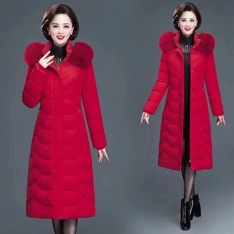Plus Size Middle-aged and Elderly Plus Fertilizer Cotton-padded Jacket Women's Winter Long Section Over The Knee Thick Coat