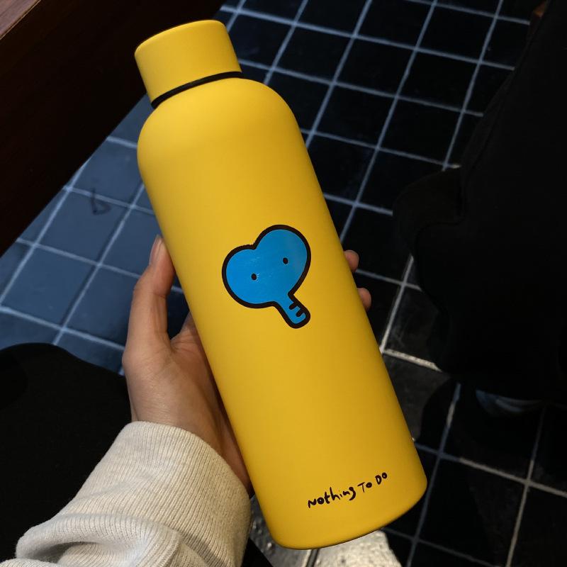 Niche Yellow Love Elephant Thermos Cup, Large-Capacity Textured Stainless Steel Water Cup, Cute Accompanying Cup 500Ml