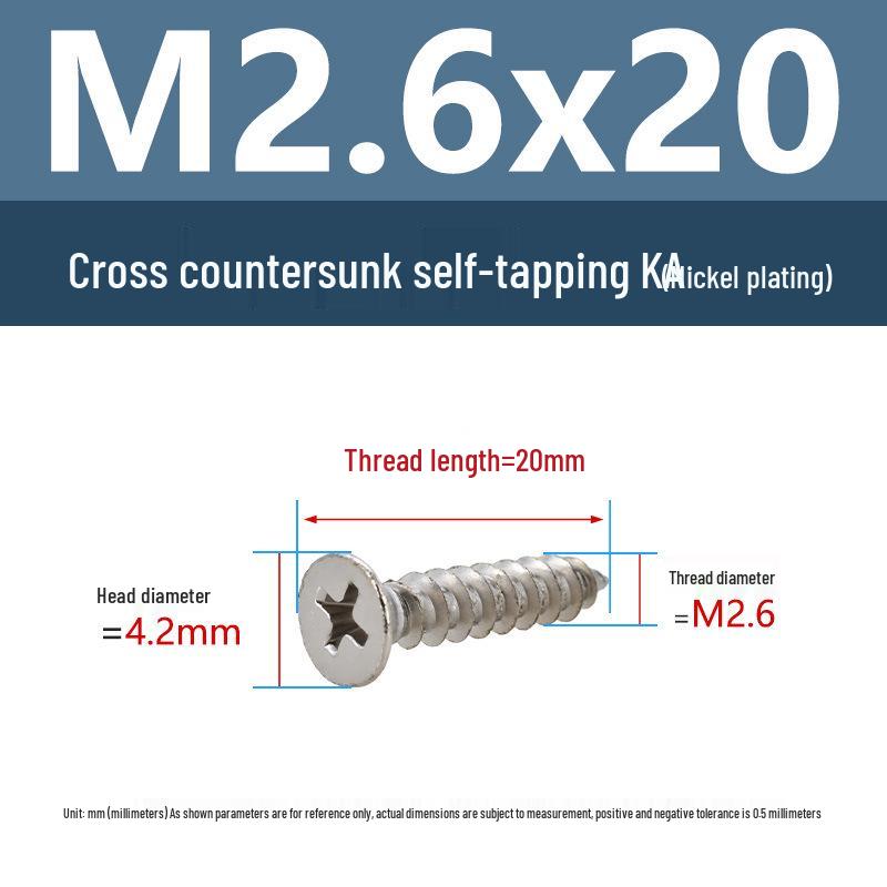 YiguYigu Nickel-Plated Phillips Flat Head Self-Tapping Screws M1-M5, Carbon Steel