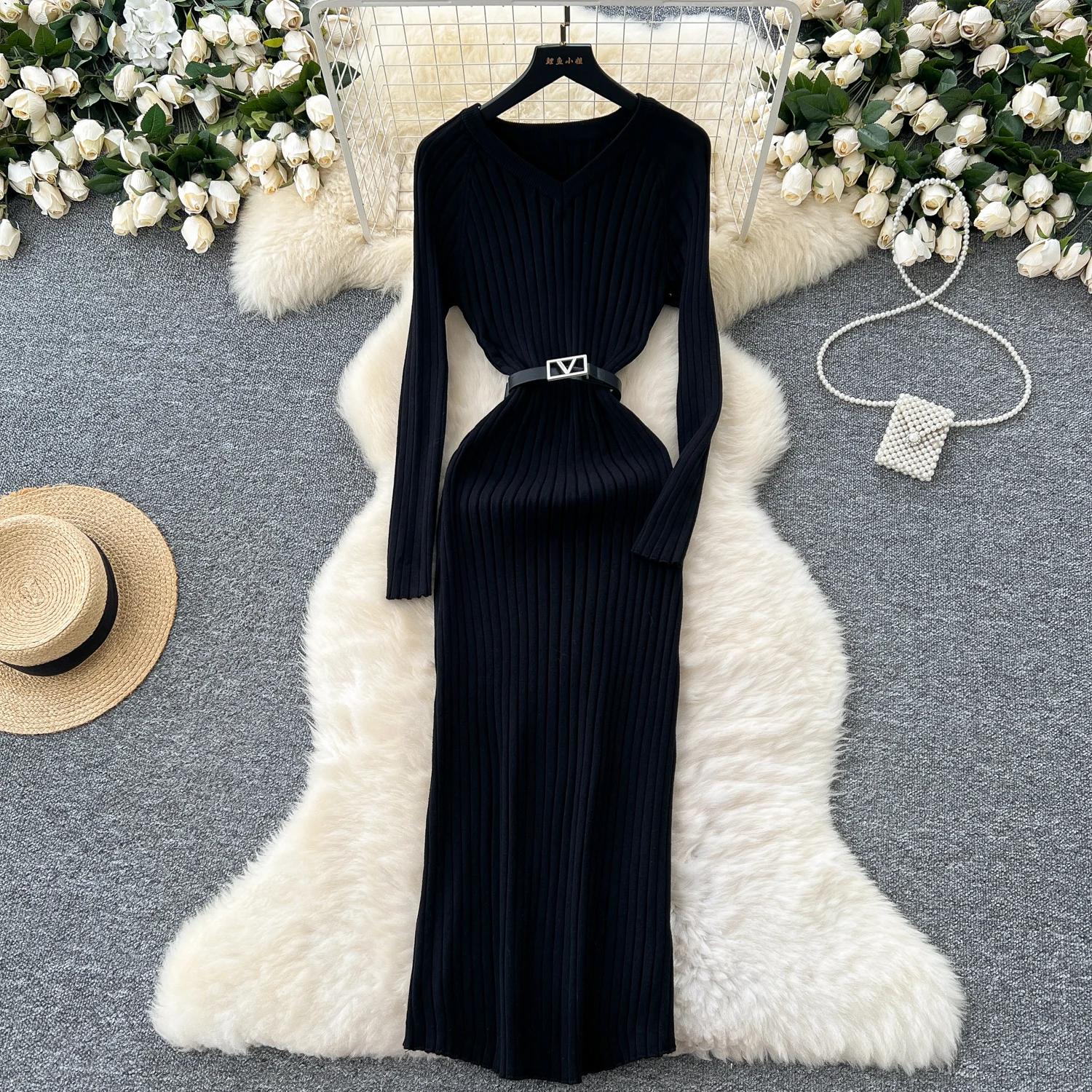 Винтажное базовое платье с V-образным вырезом и длинным рукавом — фото 22