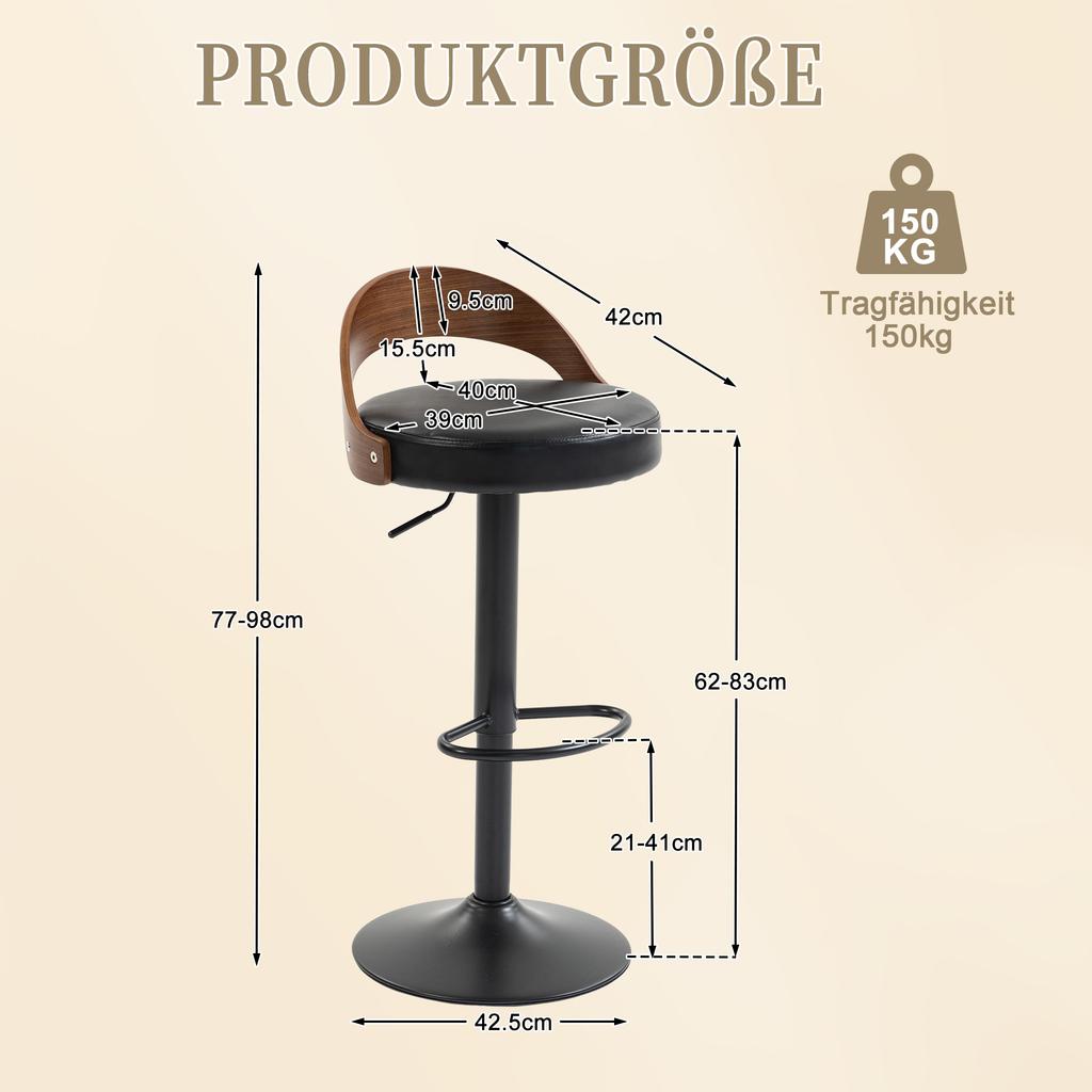 Set di 2 Sgabelli da Bar Rotanti a 360 gradi con Schienale, Legno di Noce Nero, Seduta in PU, Regolabili in Altezza (Pelle PU Nera)