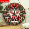 Christmas Gnomes Vintage Red Car Round Wooden Hanging Sign, 2D Flat Printed Embossed Effect Christmas Wall Door Ornament, Xmas Home Decor Gift