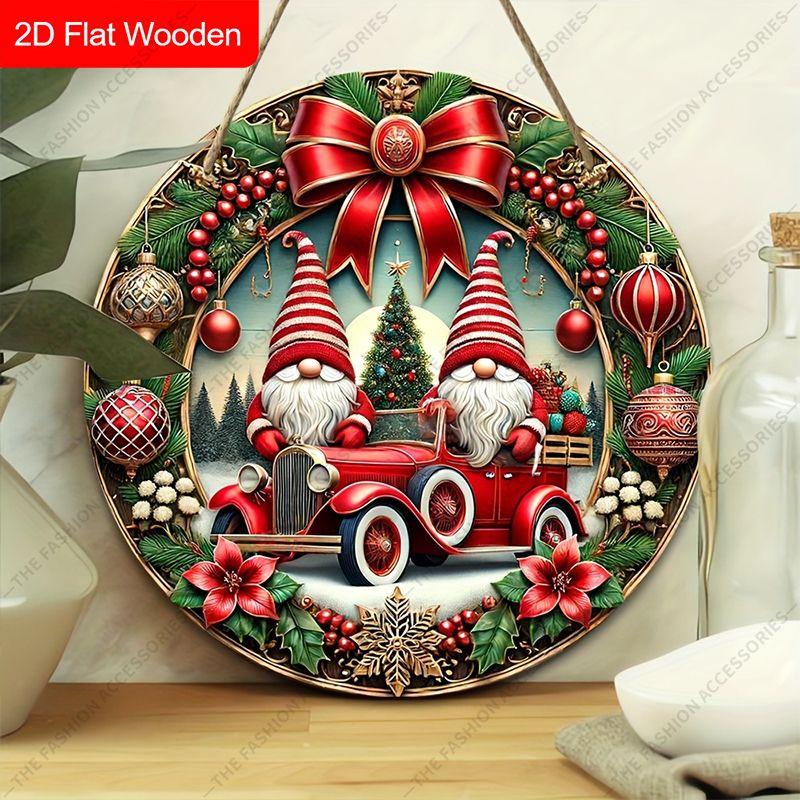 Christmas Gnomes Vintage Red Car Round Wooden Hanging Sign, 2D Flat Printed Embossed Effect Christmas Wall Door Ornament, Xmas Home Decor Gift