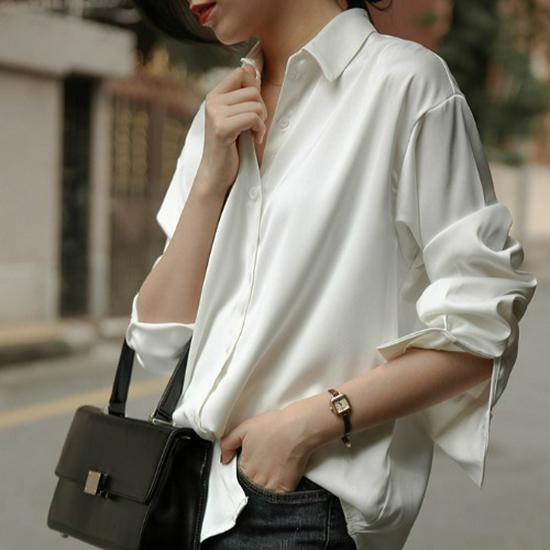 White Women's Retro Hong Kong Style Loose Satin Drape Shirt