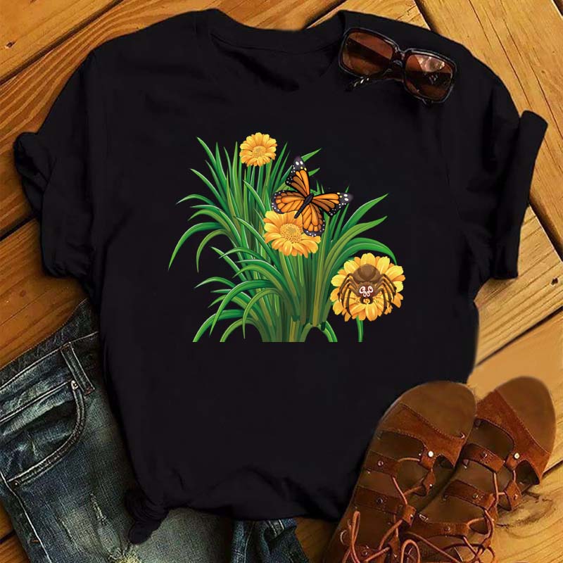 Women Flower Butterfly Fashion Print T Shirt Casual Short Sleeve Ladies T Tee Female Top Shirt Clothes Womens Graphic T-shirt