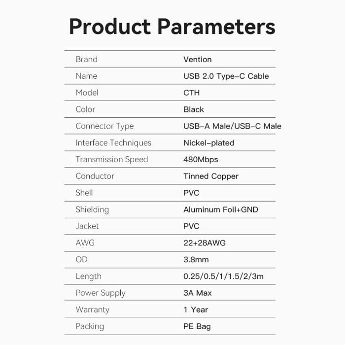 Câble USB 2.0 à USB-C - Vention - 2m - Noir - Rond - Unité