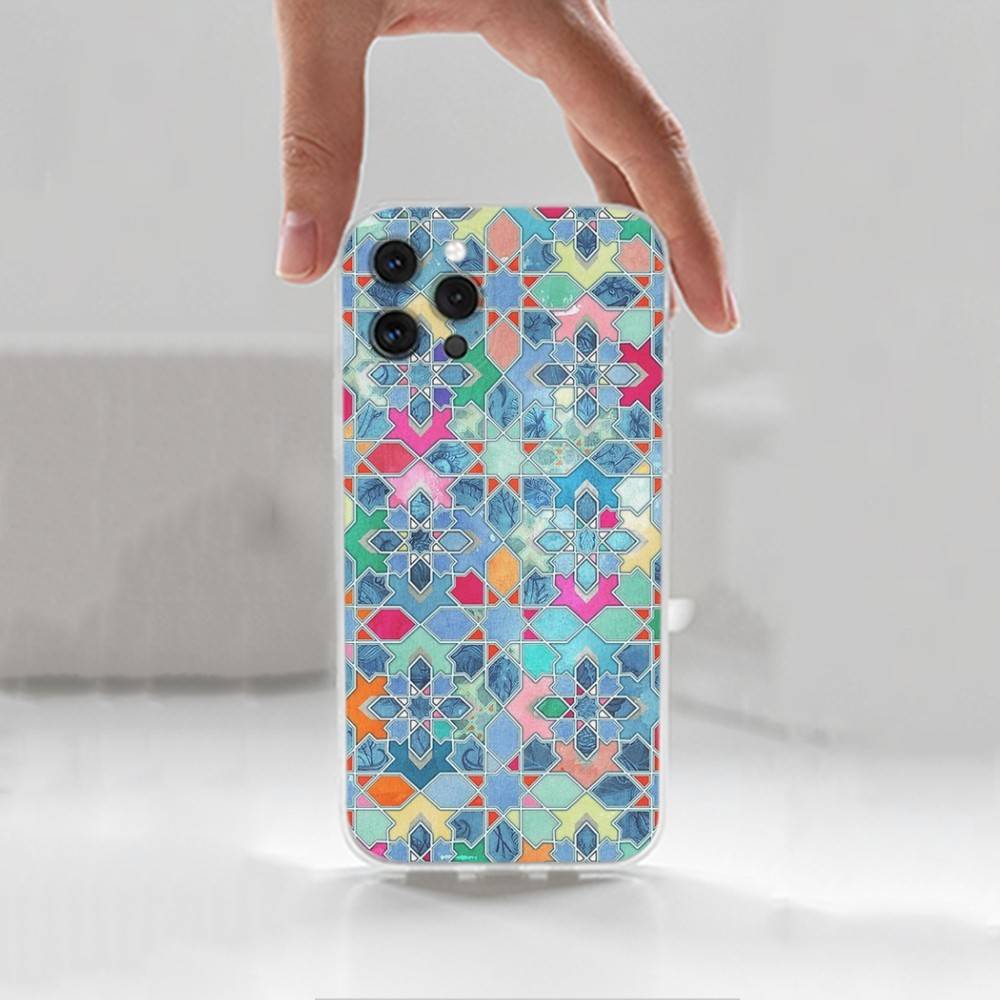 M-Moroccan Tile For iPhone 12,Mini,16,X,17,Plus,11,Max,13,XR,15,Pro,14,SE,XS,Transparent Soft Cover Case
