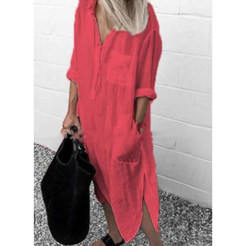 

Платье на пуговицах в стиле бохо для женщин больших размеров - летняя туника из хлопковой смеси с V-образным вырезом и закатанными рукавами 2024 года, длина миди для пляжного и уличного использования 5XL красный