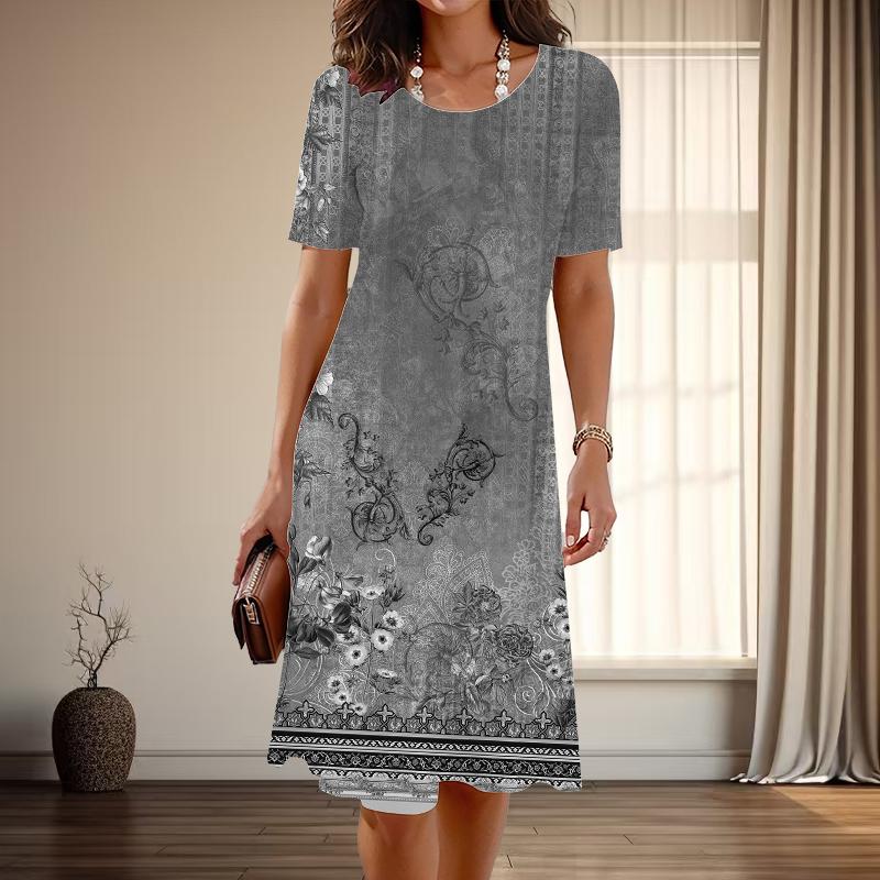 

Женская мода изящный ретро принт лето весна короткий рукав О-образный вырез повседневные платья 2XL серый