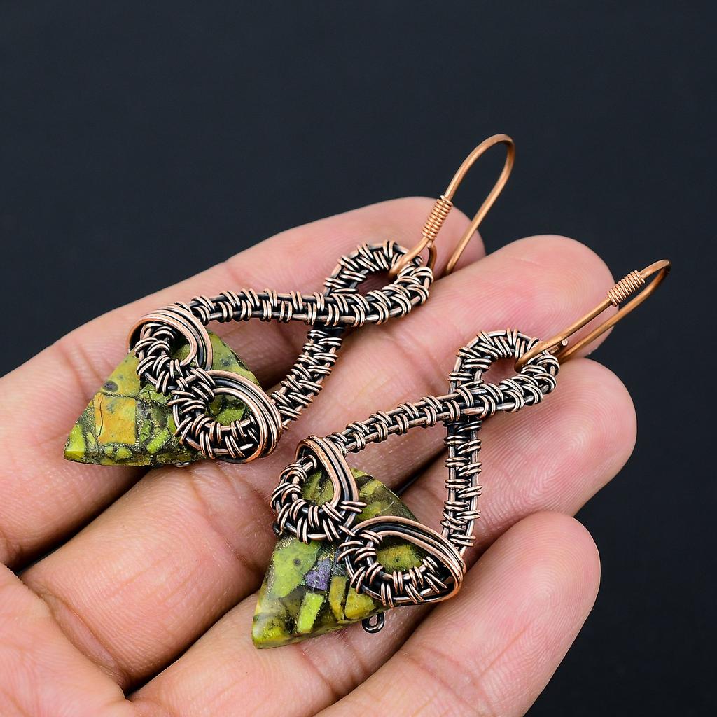 Copper Green Turquoise Handmade Copper Wire Wrap Earring 2.72 R6f53