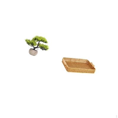 Artificial Bonsai Tree Greenery Collection Faux Plant In Pot with Woven Fruit Basket Snack Serving