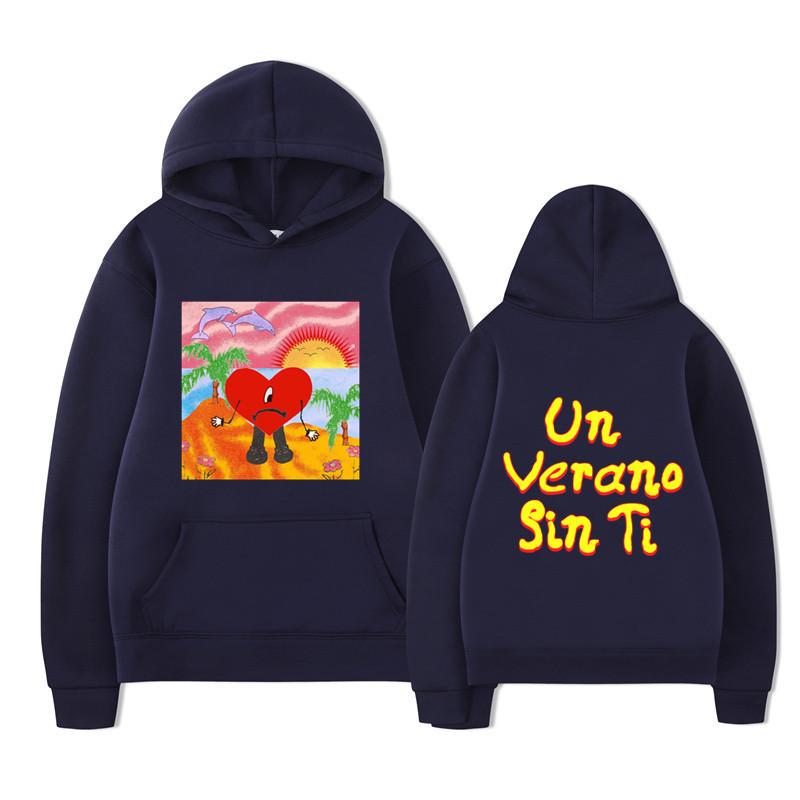 Unisex Black Hoodie Heart Character Tropical Sunset Double Sided Graphic Pullover Sweatshirt Streetwear