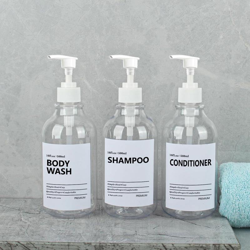 Dozator de șampon și balsam transparent de 500 ml pentru sticle de săpun de duș cu montare pe perete cu etichete Reumplere dozatoare de spălat corporal pentru baie, bucătărie