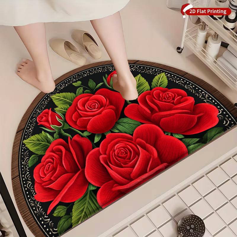 1Pcs Retro Floral Roses Semi Circle Welcome Doormat Non-Slip for Outdoor Patio Porch Kitchen Bathroom Entryway Floor Mat