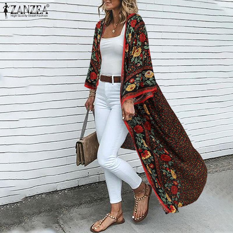 ZANZEA Bohemsk trykk Ferie Hverdagslig Langermet Strand Lang Cardigan Cover-up