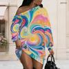 Women Plus Size One Shoulder Long Sleeve Abstract Gradient Print Black Pink Dress